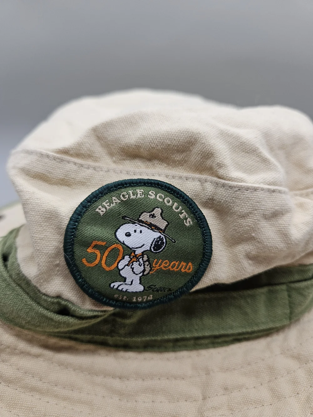 Peanuts Snoopy Beagle Scouts 50th Anniversary Boonie Hat Tan Green Canvas Sun
